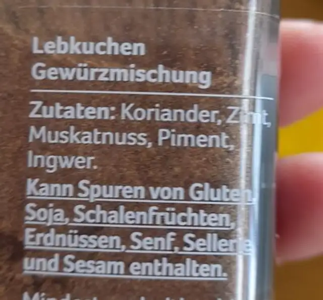 Lebkuchengewürz ingredients label