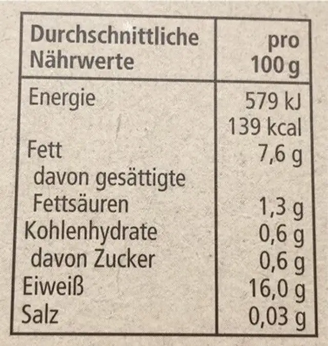 Tofu natur nutrition facts table