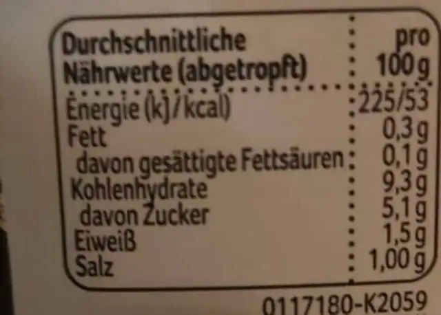 Mais Kölbchen nutrition facts table