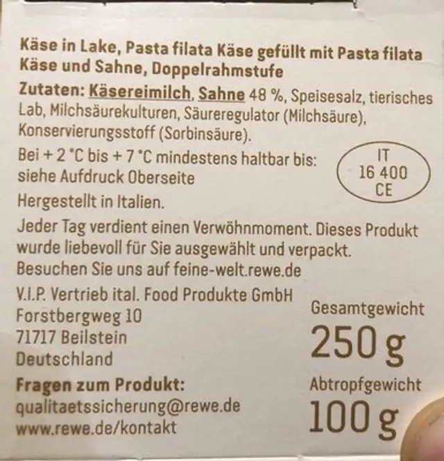 Burrata ingredients label
