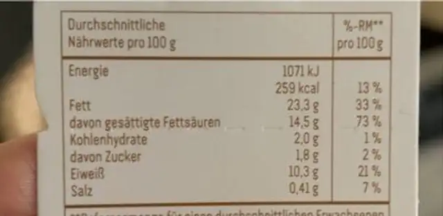 Burrata nutrition facts table