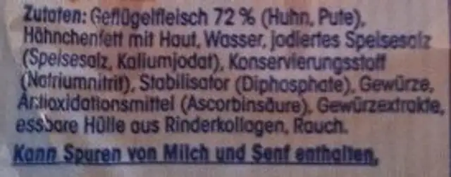 Mini Geflügel Würstchen ingredients label