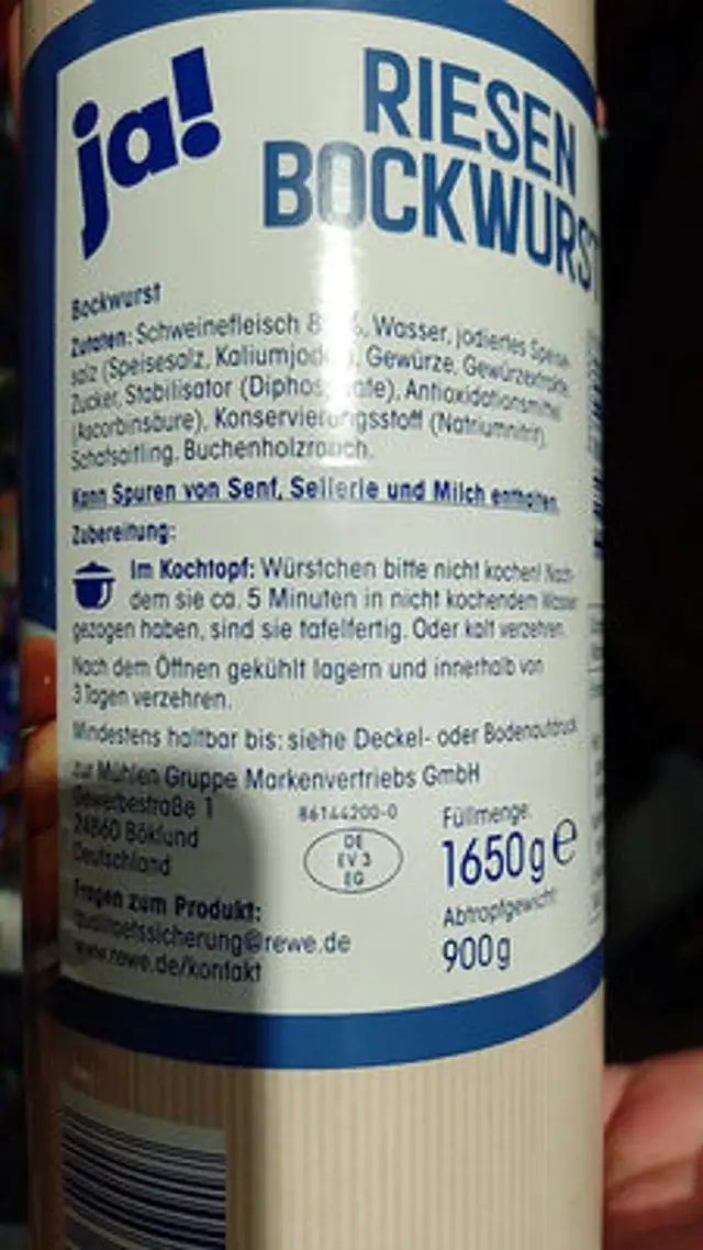 Riesen Bockwurst ingredients label