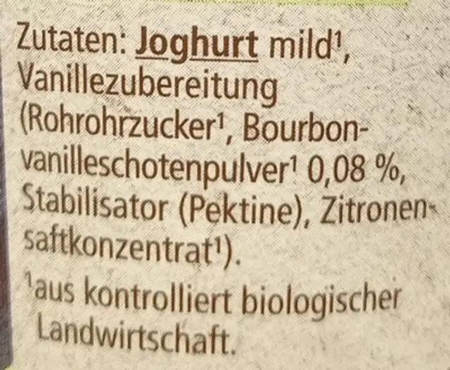 Milder Joghurt Vanille ingredients label