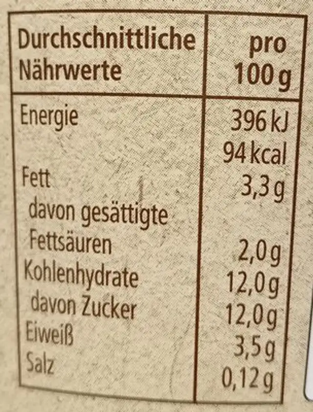 Milder Joghurt Vanille nutrition facts table
