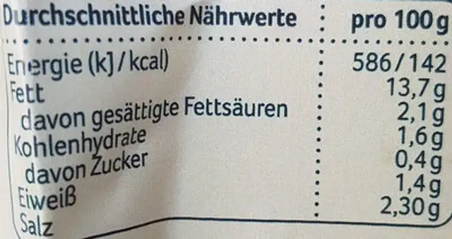 Marinierte Grüne Oliven mit würzigen Kräutern verfeinert nutrition facts table