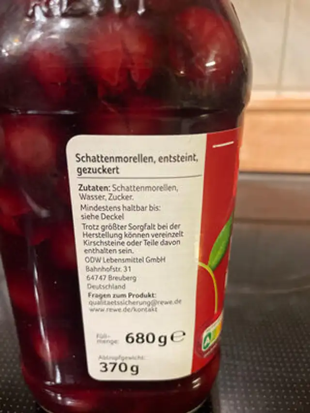Kirschen Schattenmorellen ingredients label