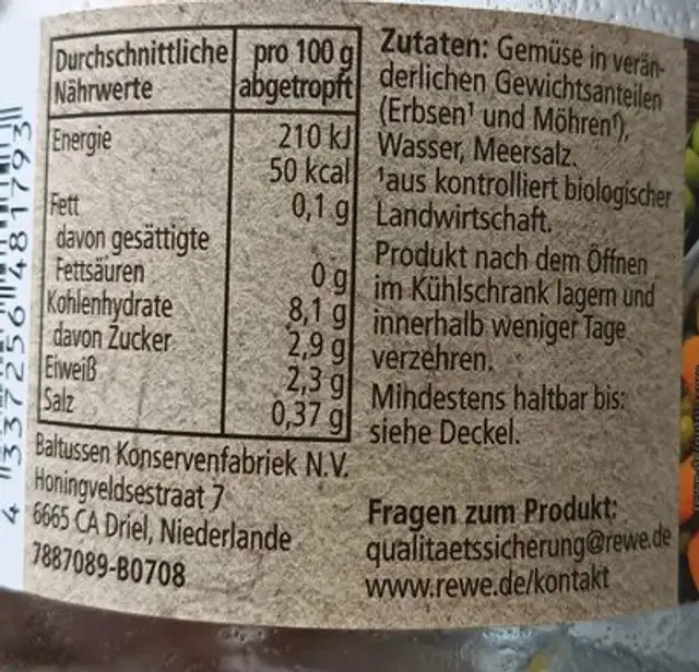 Erbsen und Möhren ingredients label