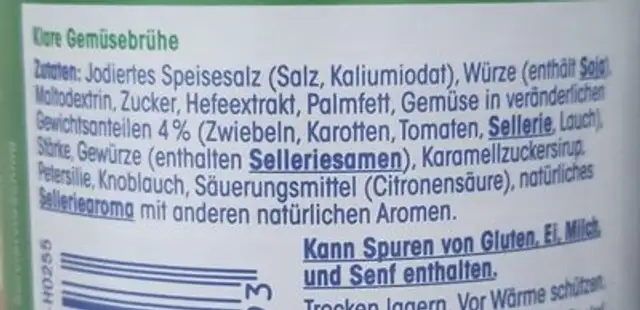 Gemüse Brühe ingredients label