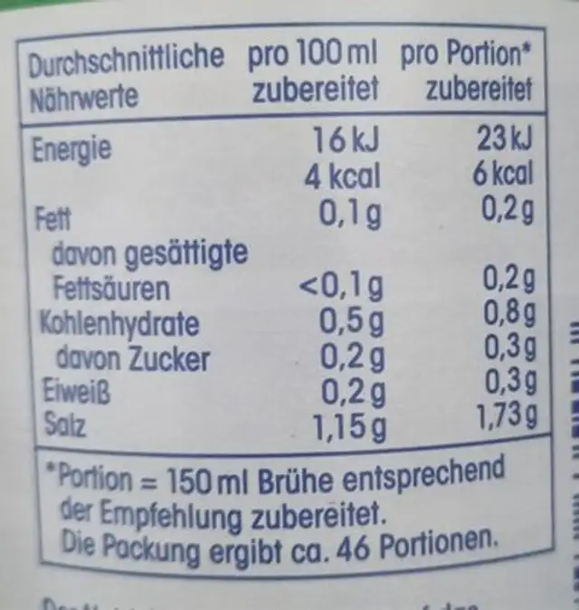 Gemüse Brühe nutrition facts table