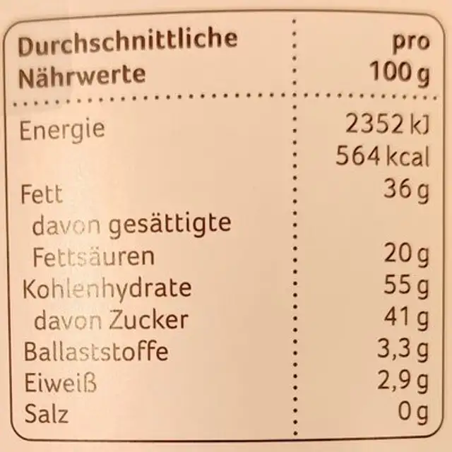 Vegane Hasen nutrition facts table