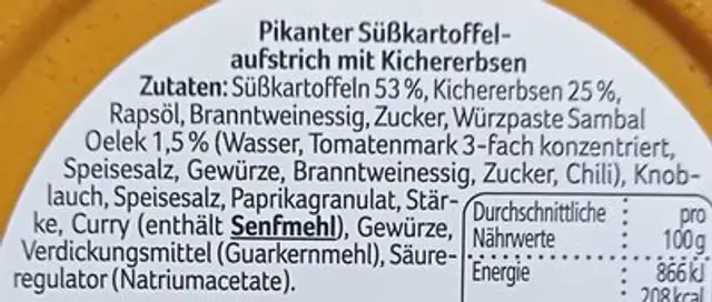 Süßkartoffel Aufstrich ingredients label