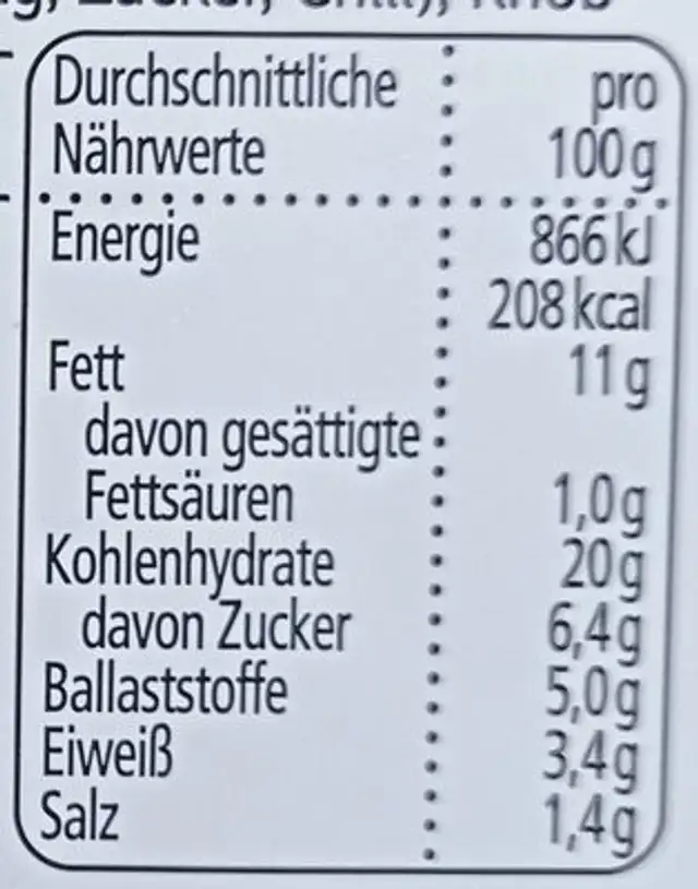 Süßkartoffel Aufstrich nutrition facts table