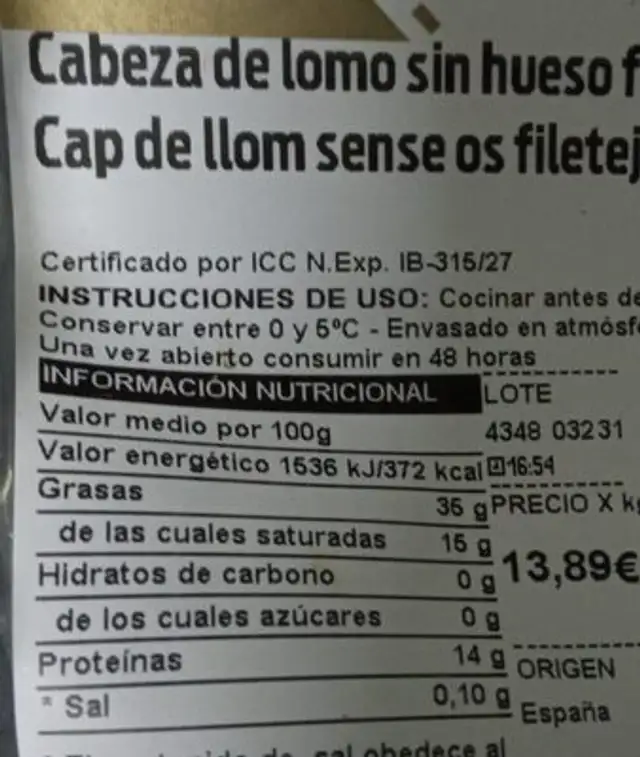 Cabeza de lomo sin hueso iberica nutrition facts table