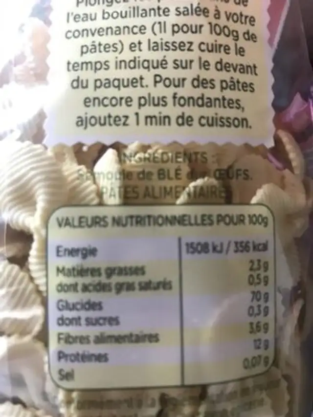Pâte fraîche ingredients label