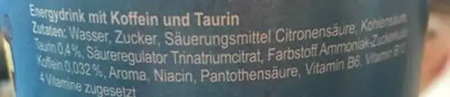 Energydrink, Mit Koffein ingredients label