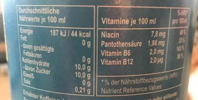 Energydrink, Mit Koffein nutrition facts table