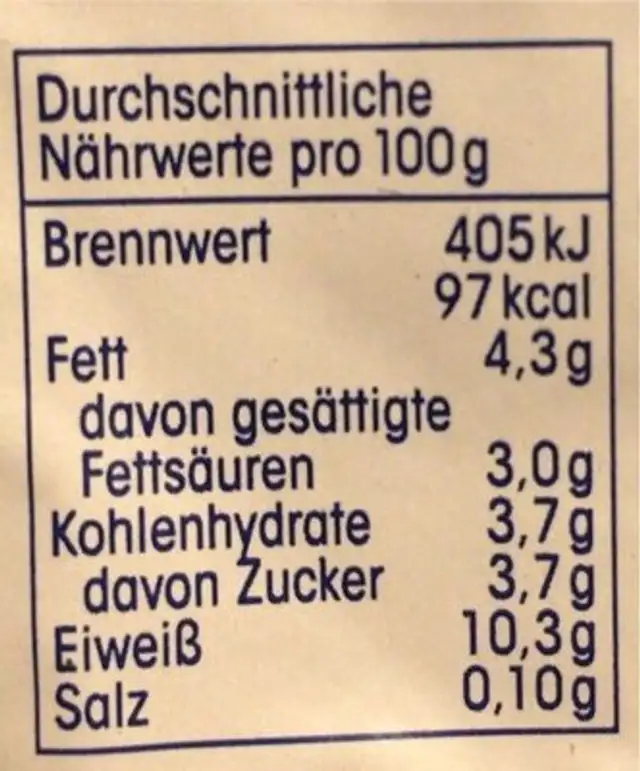 Speisequark nutrition facts table
