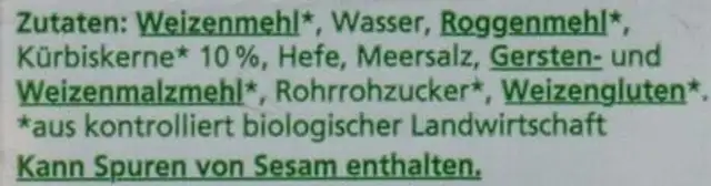 Kürbiskernbrötchen zum Fertigbacken ingredients label