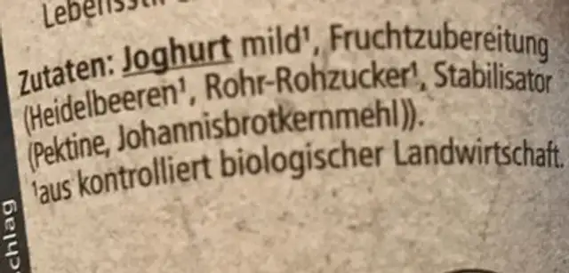 Joghurt Heidelbeere ingredients label