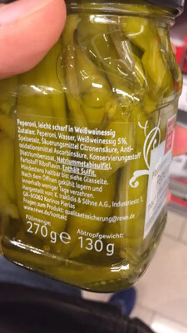 Rewe Best Wahl Peppers in the Greek style, spicy in white wine vinegar ingredients label