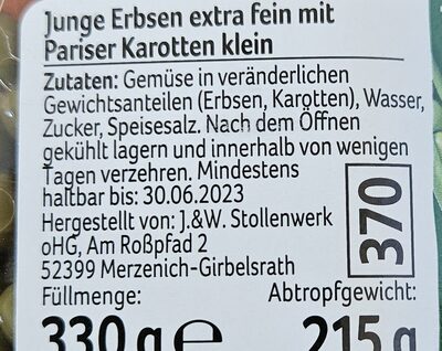 Junge Erbsen und Pariser Karotten ingredients label