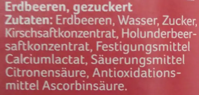 Erdbeeren, Sorte Senga-Sengana, gezuckert ingredients label