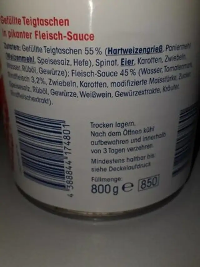 Ravioli Piccante nutrition facts table
