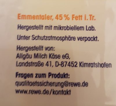 Emmentaler,45% Fett ingredients label