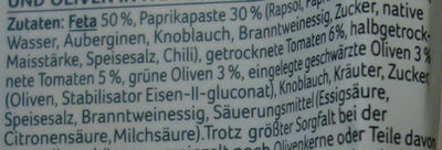 Feta Mediterran mit Tomaten und Oliven in Paprikamarinade ingredients label