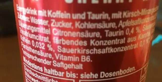 Energydrink ingredients label