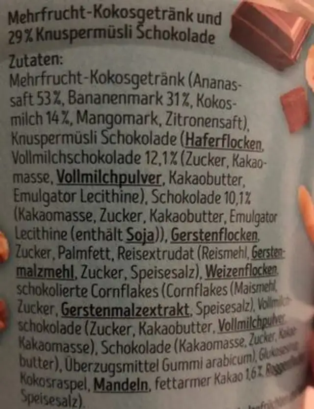 Smoothie+musli ingredients label
