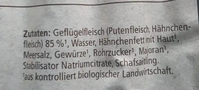 geflugel bratwurst ingredients label