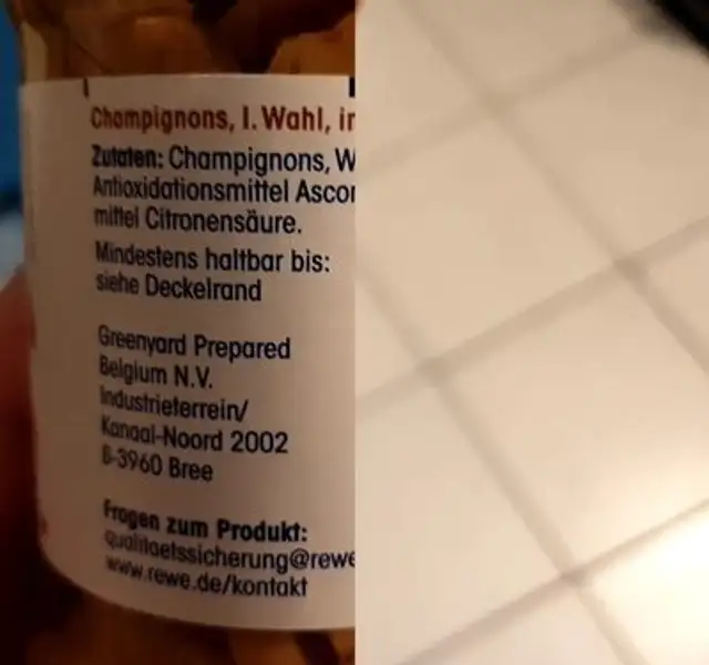Champignons ingredients label