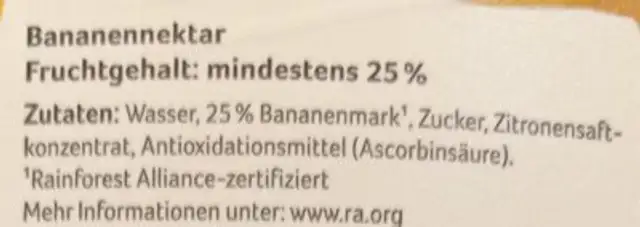 Bananennektar ingredients label