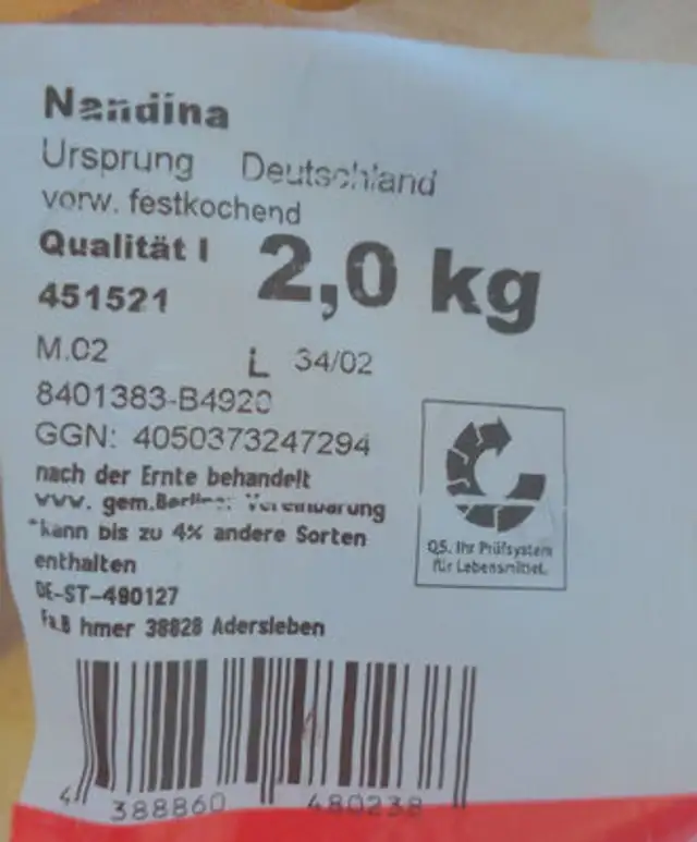 Kartoffeln ingredients label