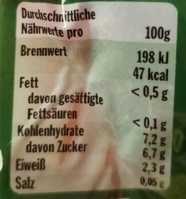 Rote Bete nutrition facts table