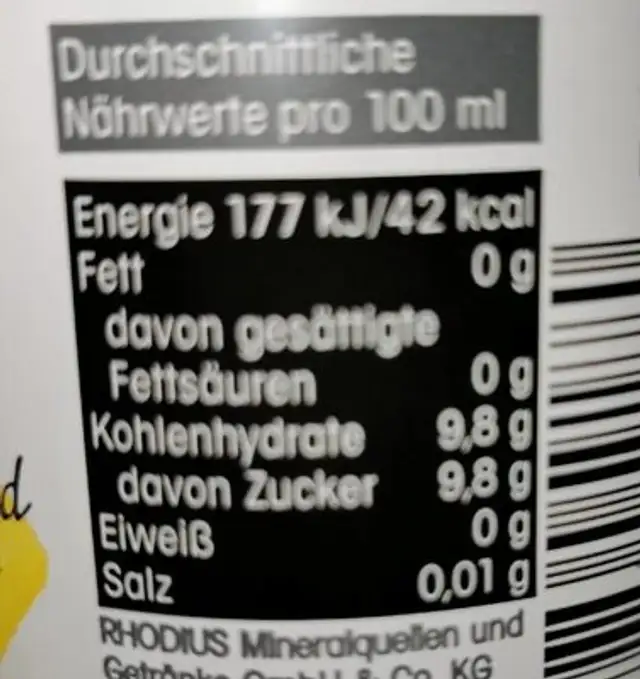 Limonata AL Limone nutrition facts table