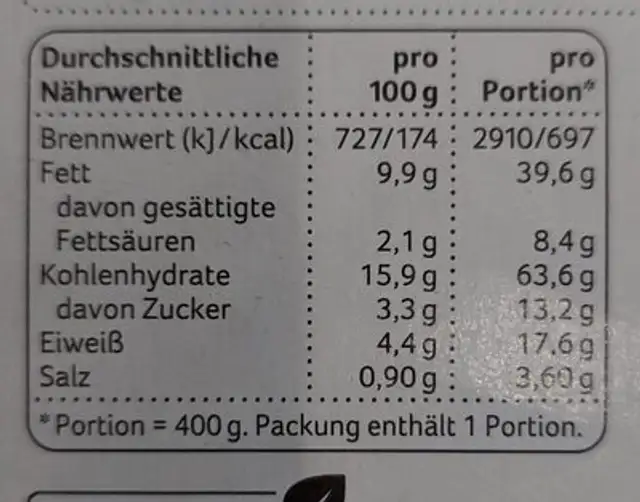 Gemüse-Lasagne nutrition facts table