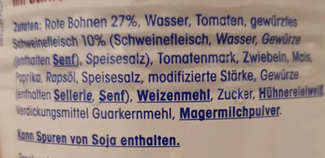Chili con Carne mit Schweinefleisch ingredients label