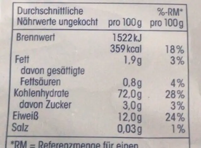 Nudeln - Fusilli nutrition facts table