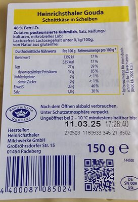 Heinrichsthaler Gouda ingredients label