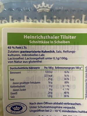Tilsitter ingredients label