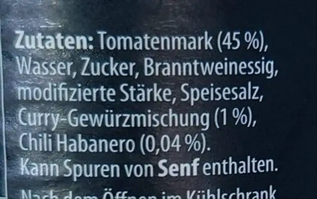 Currywurst Sauce ingredients label