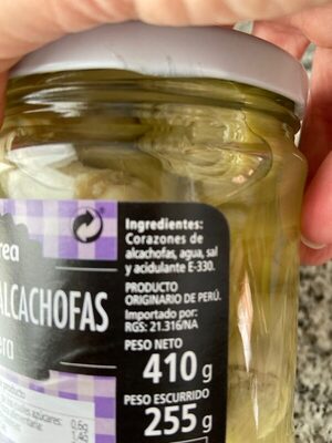 Corazones de alcachofas ingredients label