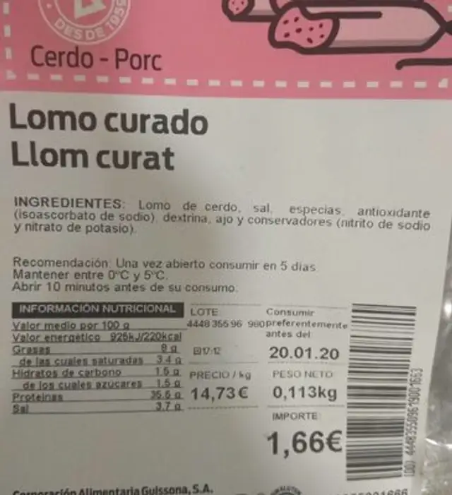 Lomo curado bonarea nutrition facts table