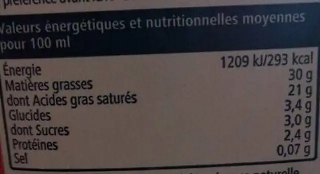 Crème Liquide nutrition facts table