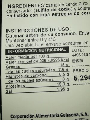 Longaniza fresca nutrition facts table