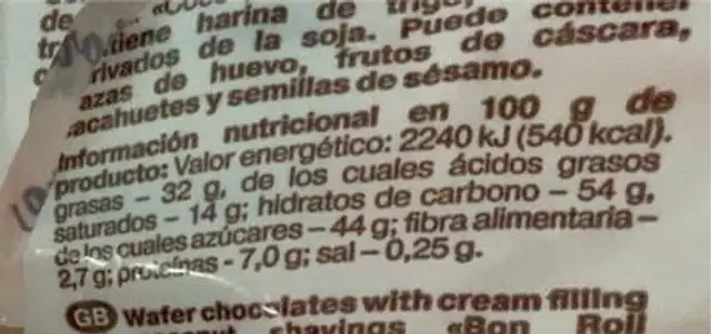 Bombón con coco nutrition facts table