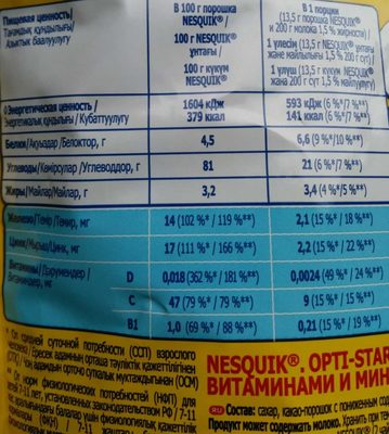 Nesquik®. Opti-start®. nutrition facts table